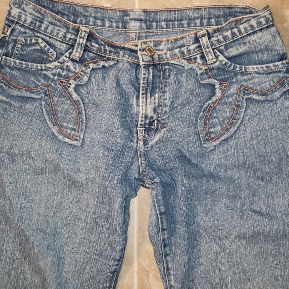 Vintage 1990s Italian Designer Acid Stone Washed Patched Multicolor Flare Jeans